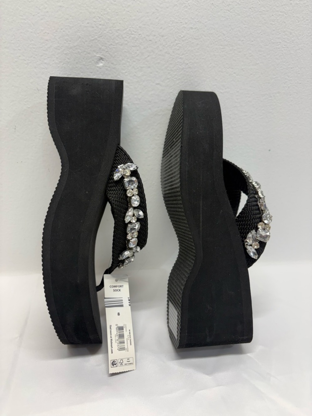 Black Jeweled rhinestone platform Wedge Flip Flop Sandals - Women size 8 thong - Picture 3 of 6